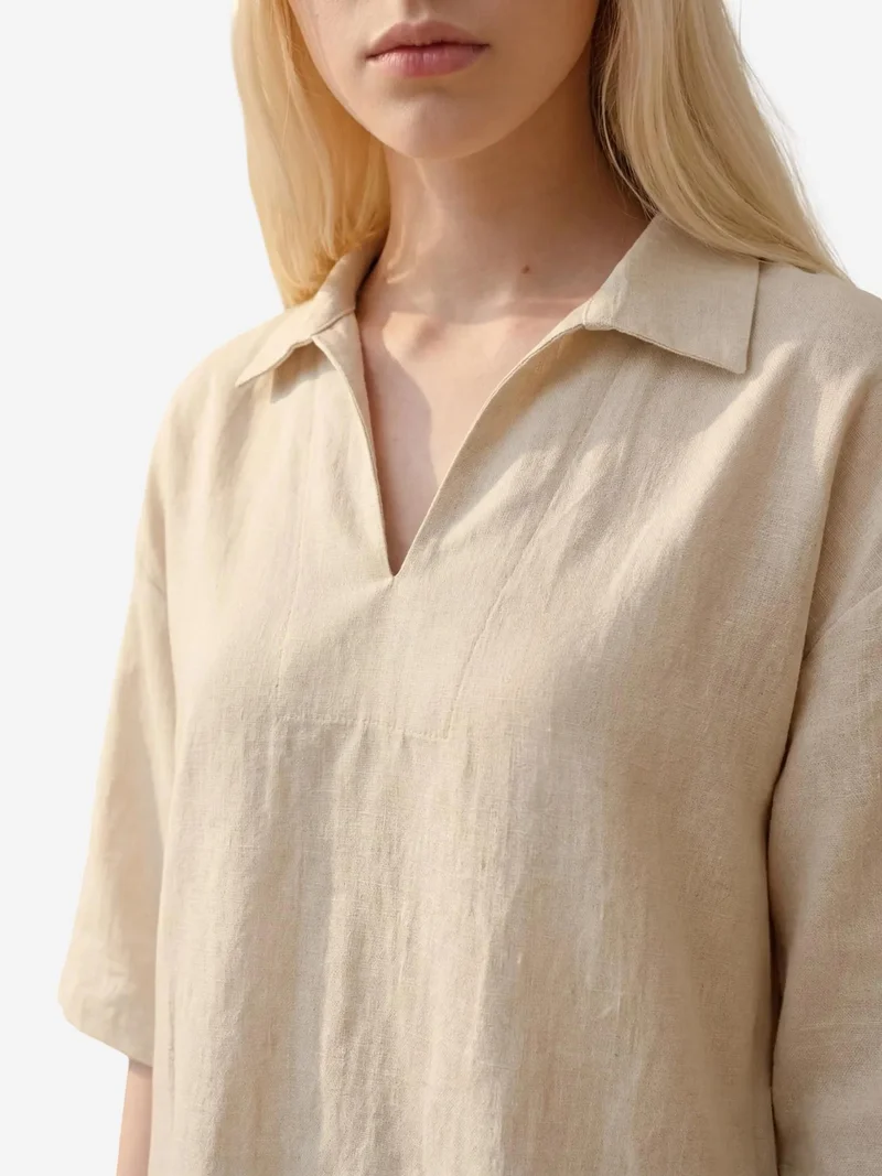 MY FASHION Beige Natural MY FASHION Polo Collar Mini Dress with Three Quarter Sleeves for Women | Best Price UAE